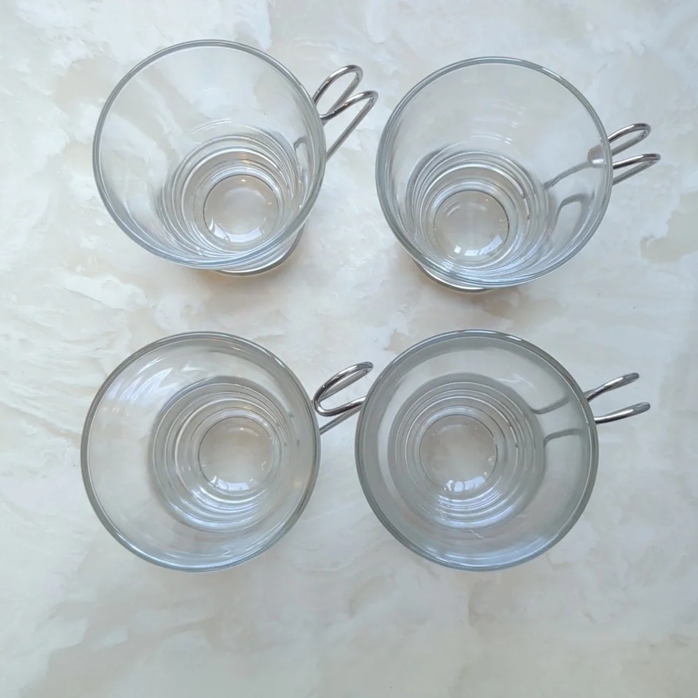 Bormioli Oslo Cappuccino Glass Cups with Silver Handles (4) NIB